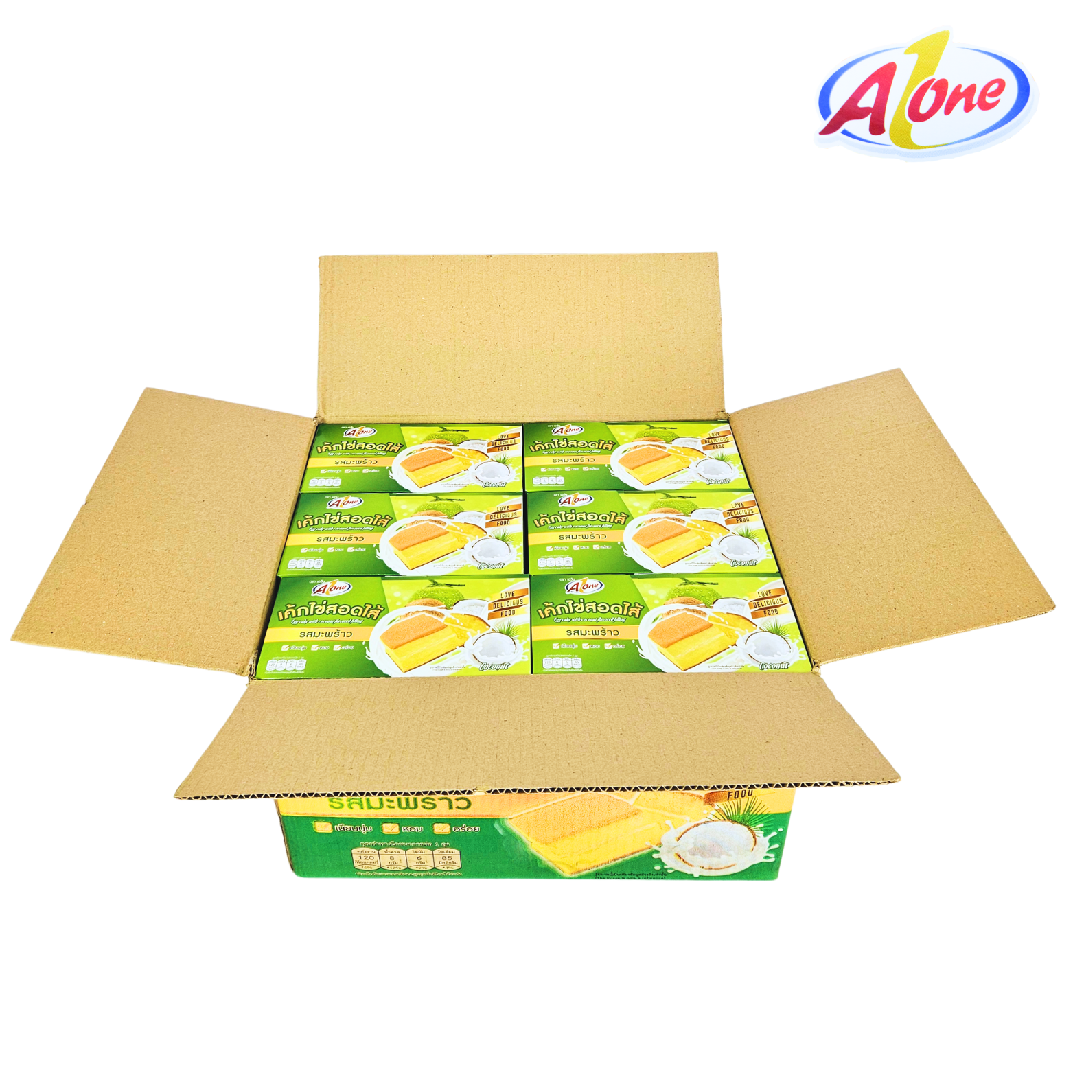 ขนมเค้กไข่สอดไส้รสมะพร้าวตรา A-One 1 ลังบรรจุ 12 กล่องรวมทั้งหมด 144 ชิ้น! แป้งเค้กนุ่มหอมละมุนไส้นมเนยหวานกำลังดีอร่อยจนต้องลอง! ️เก็บไว้ได้นานถึง 6 เดือน พกพาสะดวกอร่อยได้ทุกที่ทุกเวลา