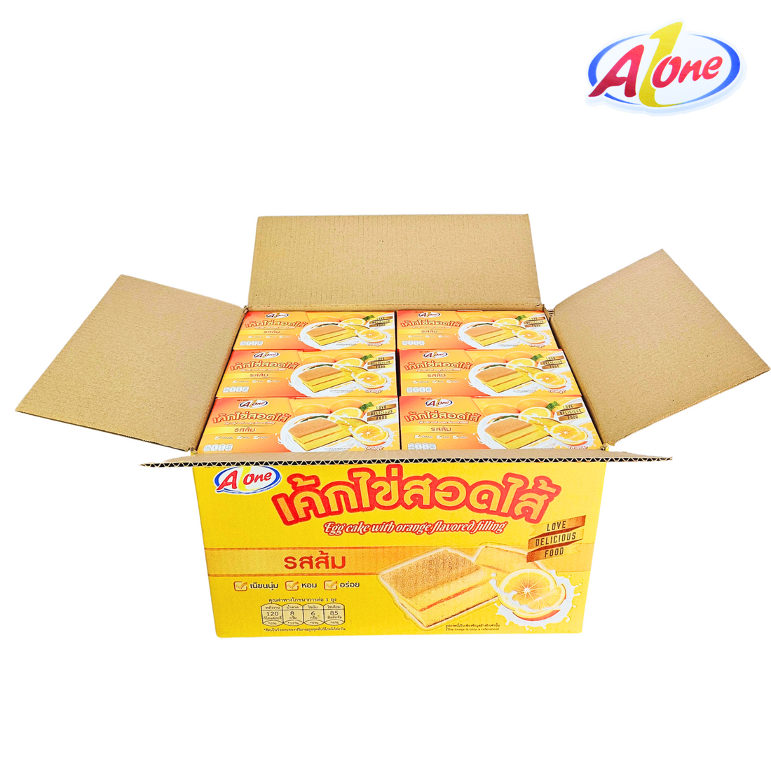 ขนมเค้กไข่สอดไส้รสส้ม ตรา A-One ยกลังสุดคุ้ม! 12 กล่องรวม 144 ชิ้น! แป้งเค้กนุ่มหอมสดชื่น ไส้ส้มรสเปรี้ยวหวานกำลังดีกลมกล่อมคงอยู่ได้นานถึง 6 สัปดาห์