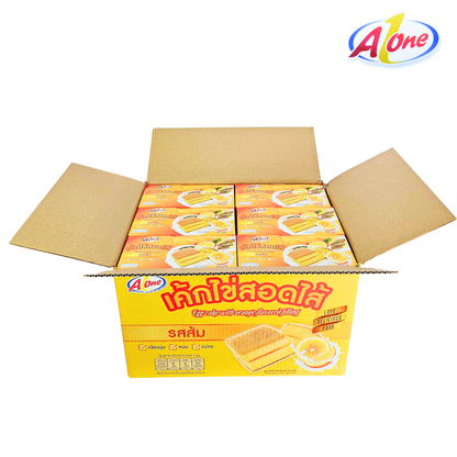 ขนมเค้กไข่สอดไส้รสส้ม ตรา A-One ยกลังสุดคุ้ม! 12 กล่องรวม 144 ชิ้น! แป้งเค้กนุ่มหอมสดชื่น ไส้ส้มรสเปรี้ยวหวานกำลังดีกลมกล่อมคงอยู่ได้นานถึง 6 สัปดาห์